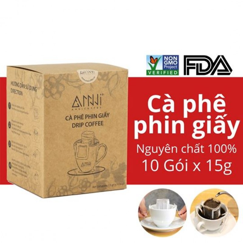 Cà phê phin giấy ANNI COFFEE - Drip Coffee - (10 Gói x 15g) 100% Arabica & Robusta nguyên chất Kèm gói đường bên trong